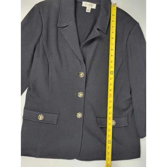 St. John Collection 16 Black Wool Blend Flower Pearl Buttons‎ 2pc Skirt Jacket - Picture 12 of 15